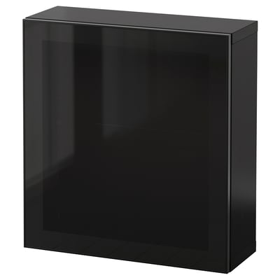 Zwart BESTÅ opbergmeubel, vierkante vorm, glanzende afwerking, glazen deur, modern design.