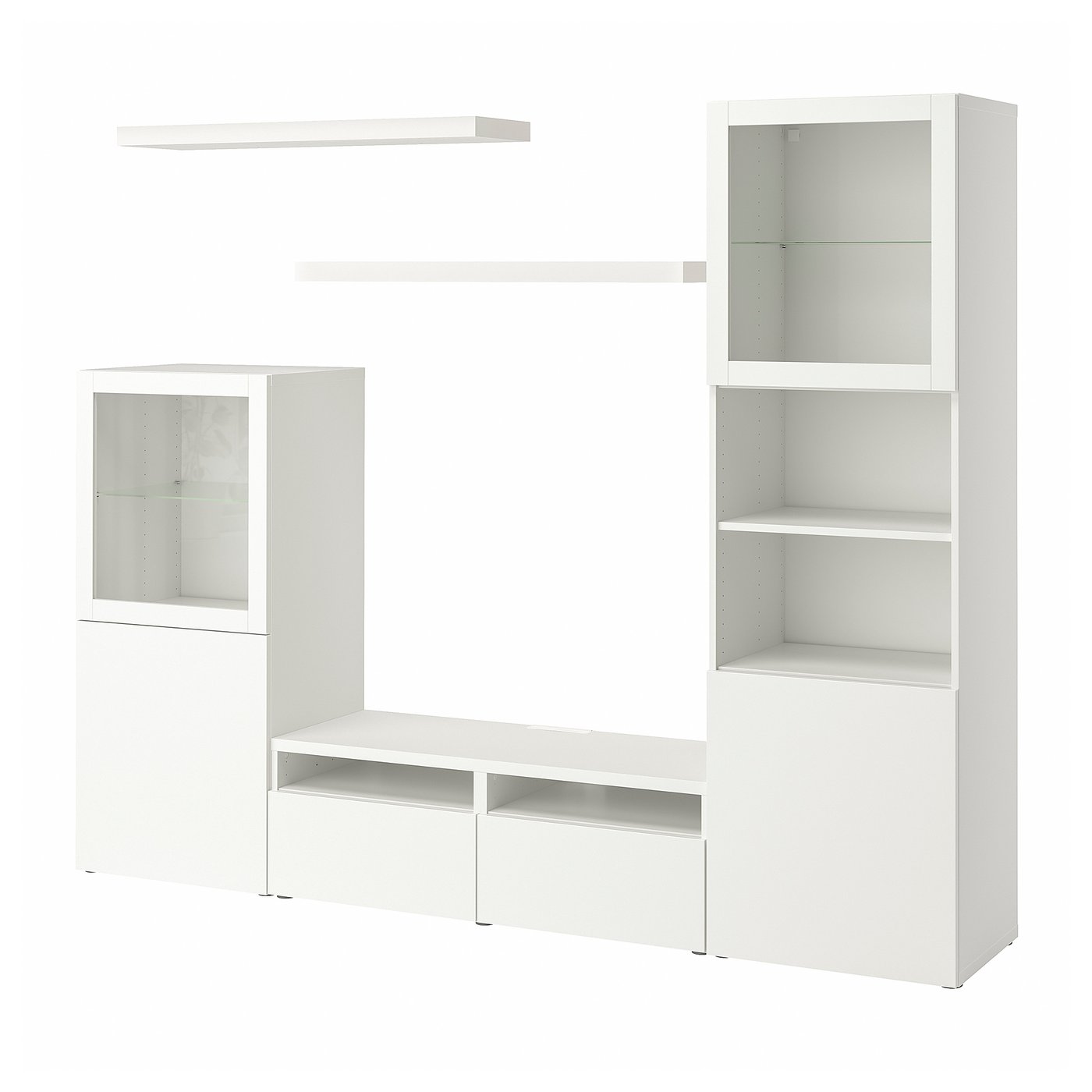 Witte BESTÅ opbergset: tv-meubel, planken, glazen deuren. Minimalistisch, modern design.