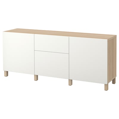 BESTÅ dressoir, wit en eiken, 3 lades, rechthoekig ontwerp.
