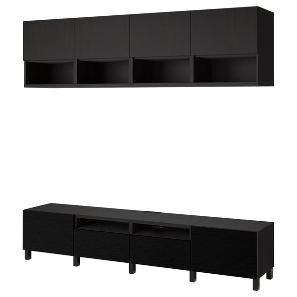 Zwart BESTÅ tv-meubel & wandplank combo. Modern, minimalistisch ontwerp met verstelbare planken en laden.