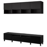 Zwart BESTÅ tv-meubel & wandplank combo. Modern, minimalistisch ontwerp met verstelbare planken en laden.