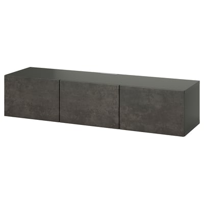 Modern donkergrijs tv-meubel, aan de muur gemonteerd met platte bovenkant, rechthoekige vorm, minimalistisch ontwerp, met opbergruimte.