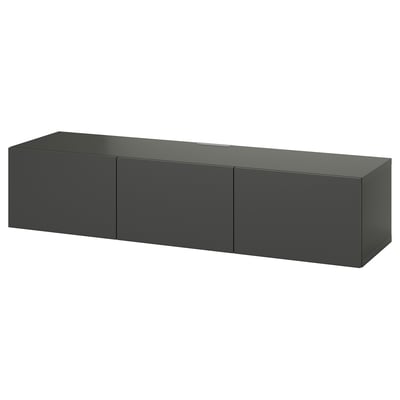 Donkergrijs rechthoekig tv-meubel met drie kasten, aan de muur, strak minimalistisch design.