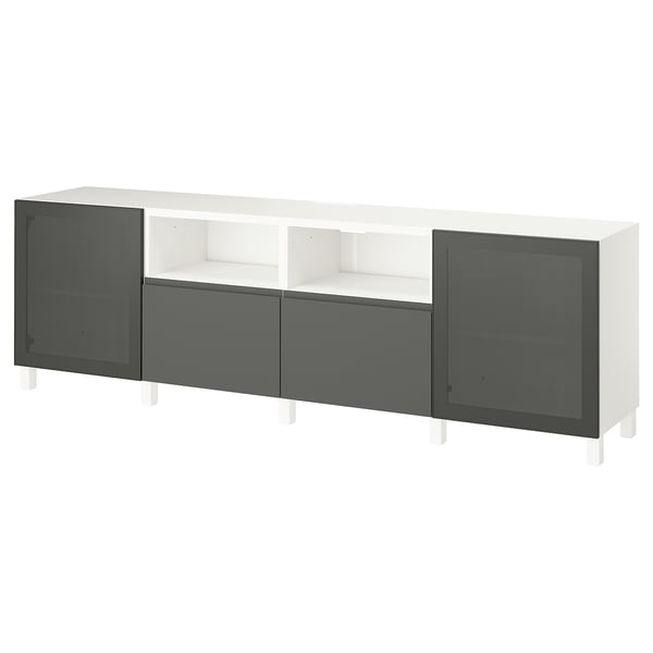 Een ikea BESTÅ tv-meubel in wit en donkergrijs. Het planken en lades met een modern design.