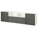 Een ikea BESTÅ tv-meubel in wit en donkergrijs. Het planken en lades met een modern design.