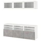 Witte BESTÅ tv-standaard: 3 planken, 2 kasten, moderne lades in betoneffect.