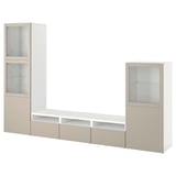 BESTÅ tv-meubel, wit/beige, strak modern design, glas en spaanplaat, u-vorm.