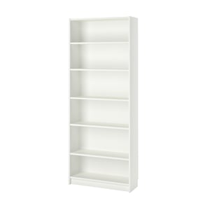 Witte BILLY boekenkast, zes lege planken, rechthoekige vorm, minimalistisch design, gemaakt van spaanplaat en melamine folie.