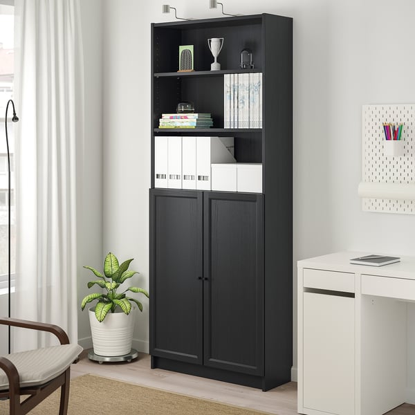 Billy Oxberg Boekenkast Met Deuren Zwartbruin 80x30x202 Cm Ikea