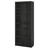 Zwarte BILLY boekenkast, hoog met glazen deuren, donker houten afwerking, planken aanpassen.
