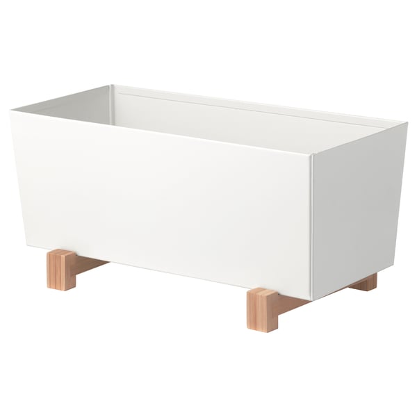 BITTERGURKA, witte rechthoekige plantenstandaard, houten poten, modern design.