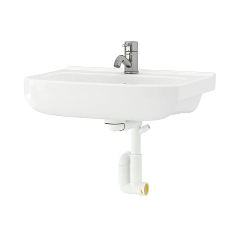 Toont een witte BJÖRKÅN wandwastafel in de badkamer met een chromen kraan.