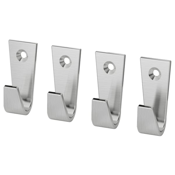 Vier zilveren BLECKA haken, rechthoekig met gebogen uiteinden, op een rij gerangschikt. Gemaakt van zink en vernikkeld. Perfect voor het ophangen van spullen.