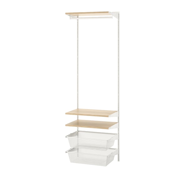 BOAXEL witte wandopslag: plank & ophangrail combo. Organizer met planken, gaasmanden & kledingroede voor slaapkamer of kast.