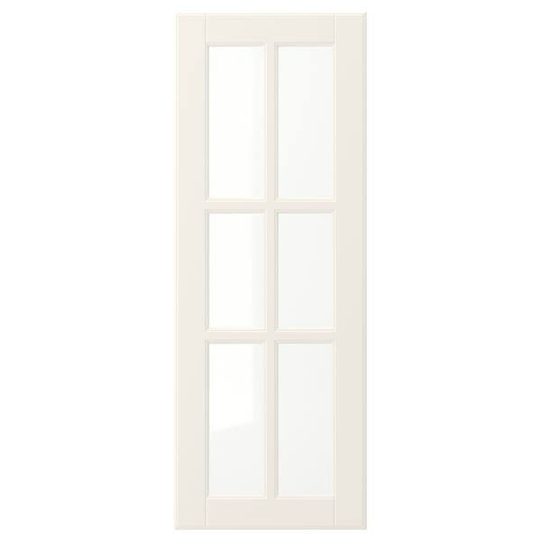 Een witte BODBYN-deur met een ontwerp met zes panelen, een gladde gelakte afwerking en panelen van gehard glas, die een traditionele en strakke esthetiek bieden.