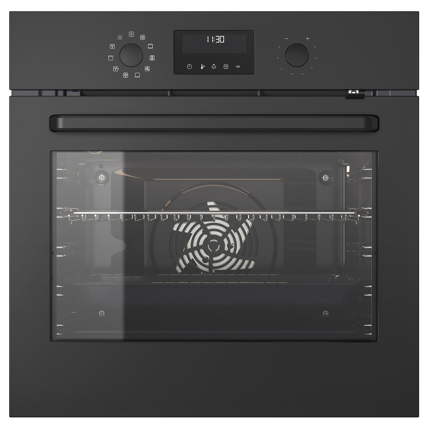Een BRÄNDBO zwarte oven met modern design, digitale bediening en convectiekoken.