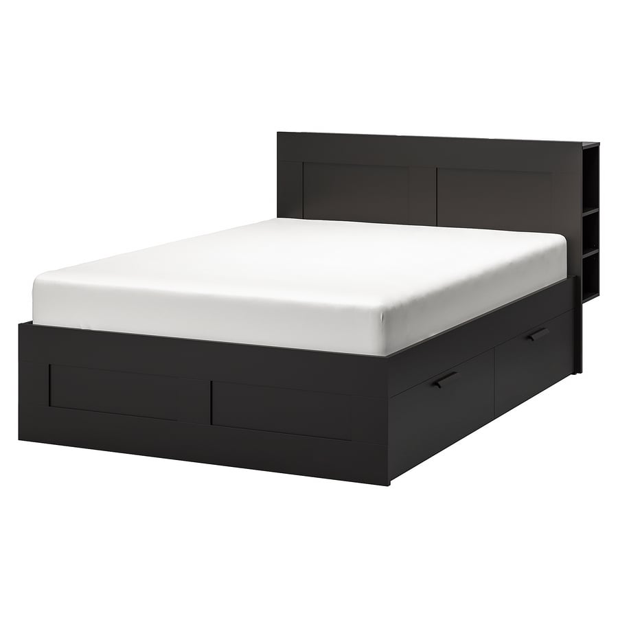 BRIMNES Bedframe met opberger en bedeinde, zwart, Leirsund, 180x200 cm