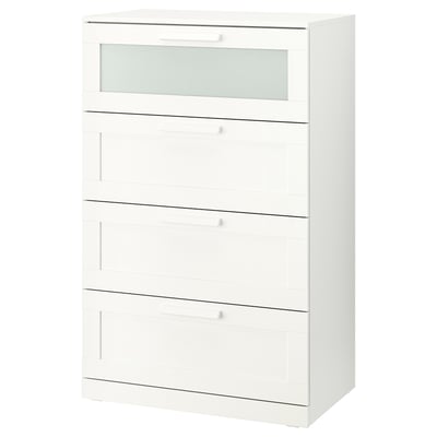 Witte BRIMNES ladekast met matglazen lade. Strak, rechthoekig ontwerp met vier lades en soepel lopend mechanisme.