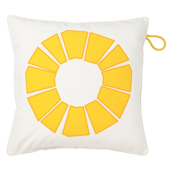 BRÖGGAN kussen, wit met gele ananas. Vierkant, gemaakt van gerecycled polyester.