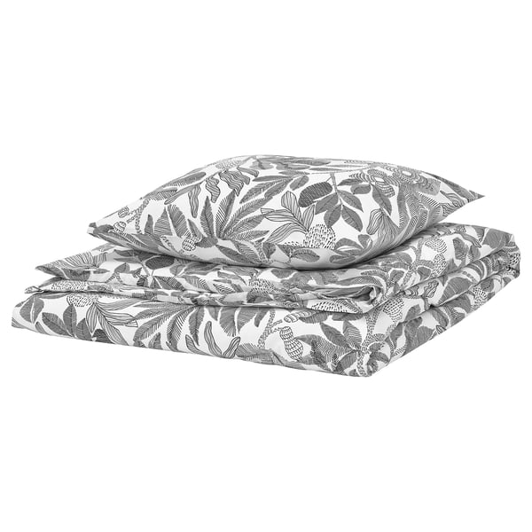 Brofdraceana gevouwen dekbed & kussenslopen, grijs, gerecycled polyester/viscose, bladprint.