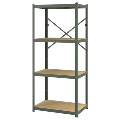 BROR plank: groen metalen frame, 3 houten planken, stevige, zware opberger.