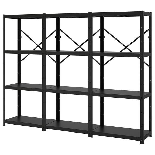 Een zwarte BROR metalen stellingkast met een stevig industrieel design, voorzien van meerdere verstelbare planken.