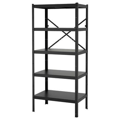 Een zwartmetalen BROR rek met vier planken, stevig en duurzaam voor zware voorwerpen.