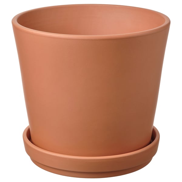 Oranje terracotta plantenbak met schotel.