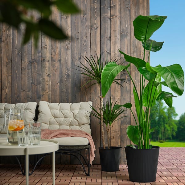 Twee grote zwarte gegalvaniseerde stalen plantenpotten met levendige groene planten naast een witte stoel met kussens tegen een rustieke houten muur.