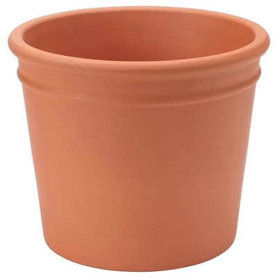 Lege terracotta plantenbak, oranje, cilindrisch met brede rand.