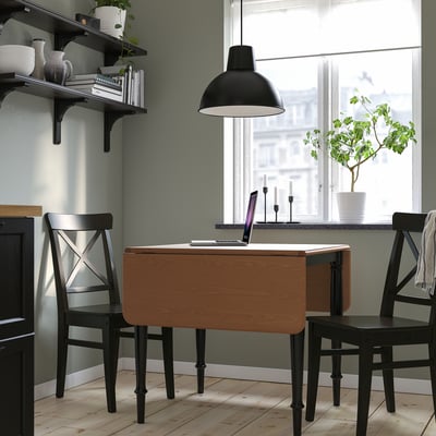 DANDERYD uitklapbare tafel met licht hout & zwarte metalen poten, zitplaatsen 2-4, dichtbij raam met boeken & planten.