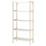 Ikea EKENABBEN witte metalen en houten stellingkast met vier lege planken.