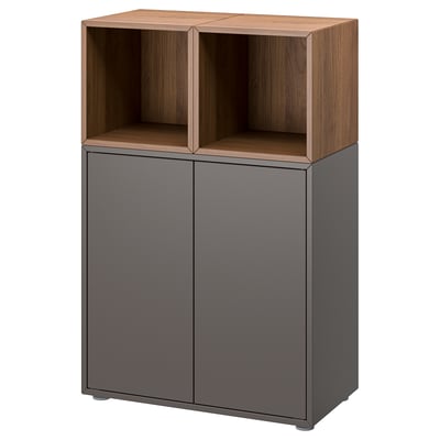 EKET opbergmeubel: strak grijs met houten blad, rechthoekig, twee lades, twee open planken.
