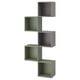 Groene en grijze modulaire wandplank, geometrisch ontwerp, vijf onderling verbonden kubussen.