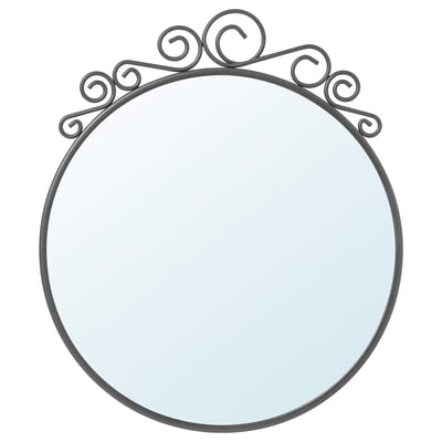 Ronde spiegel met zwart, gekruld draadframe.