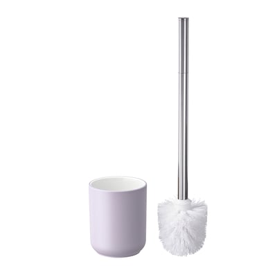 Een lichtpaarse EKOLN toiletborstelhouder met een witte borstel ernaast. De houder heeft vloeiende rondingen en de borstel heeft een zilveren handvat.