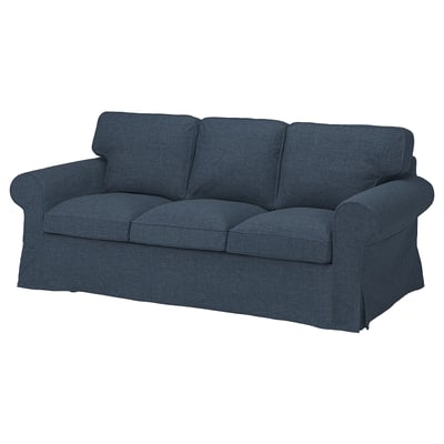 EKTORP bank, blauw, afgeronde armen, drie kussens, pluche stof.