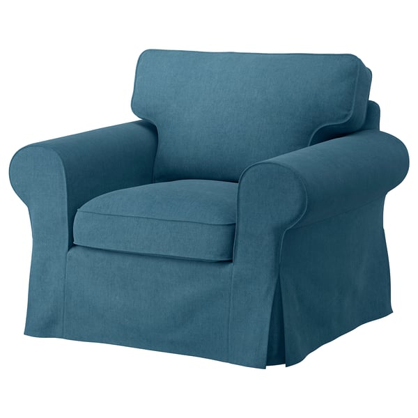 Blauwe fauteuil, merk EKTORP, ronde armleuningen, zachte stof, kleine voetafdruk.