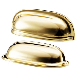 Gouden ovaalvormige kastgrepen, onderdeel van de ENERYDA-serie, gepolijste messing afwerking, strak design.
