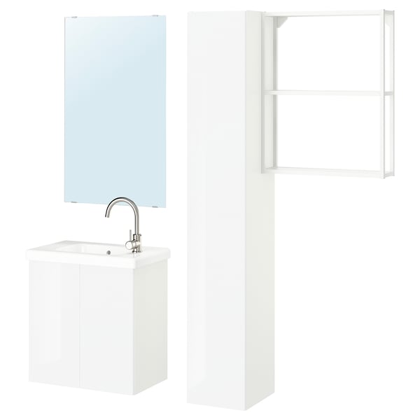 Ikea ENHET: witte badkamerset met wastafel, spiegel en planken. Modern design; glanzende afwerking.