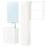 Ikea ENHET: witte badkamerset met wastafel, spiegel en planken. Modern design; glanzende afwerking.