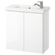 Witte glanzende badkamermeubel met wastafel, aan de muur gemonteerd, strak modern design.