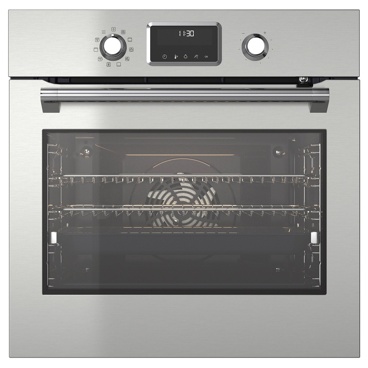 Roestvrijstalen inbouwoven met digitaal display, bedieningsknoppen en glazen venster. Modern design, zelfreinigende, door ventilator geforceerde luchtconvectie.