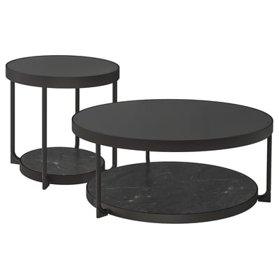 FRÖTORP Salontafel/bijzettafel, set van 2, antraciet marmerpatroon/zwart glas