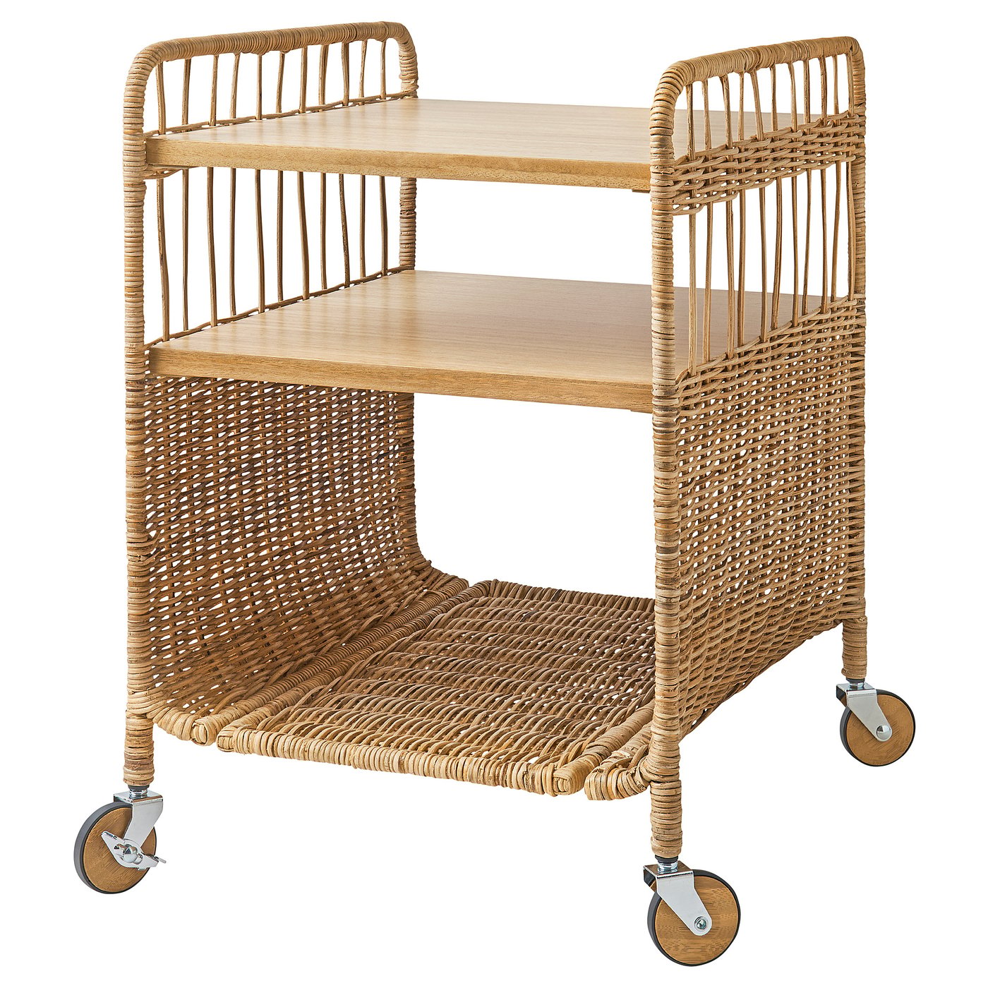 FRYKSÅS rotan kar, natuurlijke kleur. Rechthoekig, twee planken, vier wielen, rieten ontwerp.