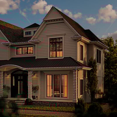 Modern huis met GETKÅL meerkleurige verlichting; donker dak, lichtbeige gevelbeplating, groen.