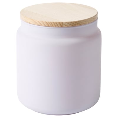 GOLIATTUJA lavendel geurkaars in witte glazen pot met houten deksel. Elegant, rond ontwerp.