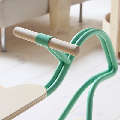 Groen staal & hout schommelspeelgoed, handvatten, gebogen vorm, kinderzitje.