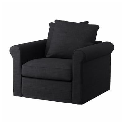GRÖNLID zwarte fauteuil, pluche en zacht, opgerolde armen, getextureerde donkere stof, gezellig ontwerp.