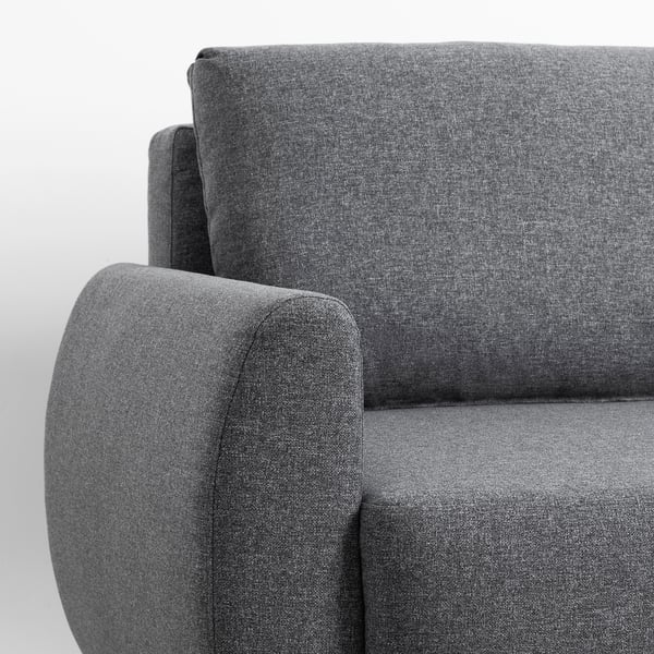 Een moderne, grijze GRUNNARP slaapbank met strakke lijnen en comfortabele kussens. De stof ziet er zacht en duurzaam uit, ideaal voor zowel zitten als slapen.